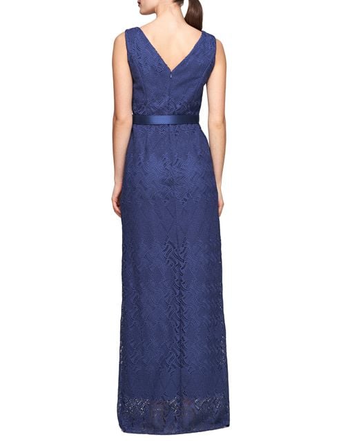 Kay Unger Blue Hendrix Sleeveless Lace Column Gown