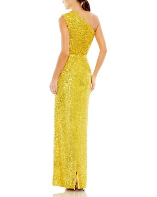 Mac Duggal Yellow Sequined Ruched One Shoulder Gown
