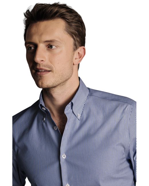Charles Tyrwhitt Blue Stripe Non-iron Button-down Oxford Slim Fit Shirt Single Cuff for men