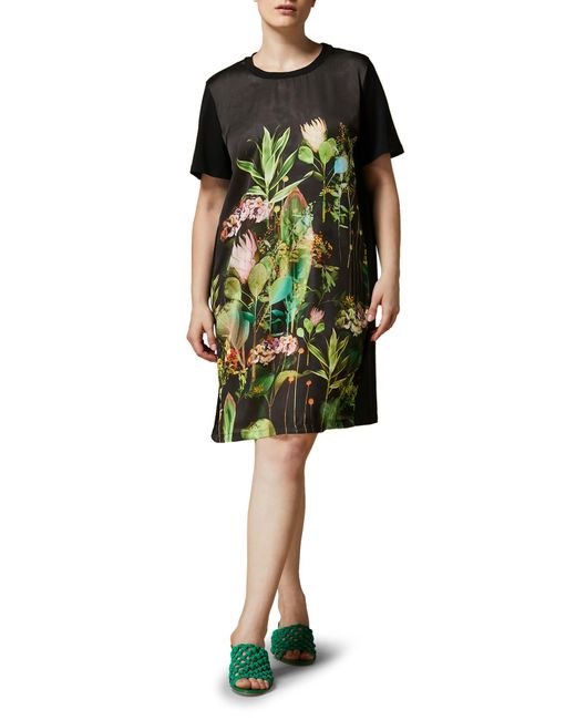 Marina Rinaldi Green Ezio Floral Jersey & Satin T-shirt Dress