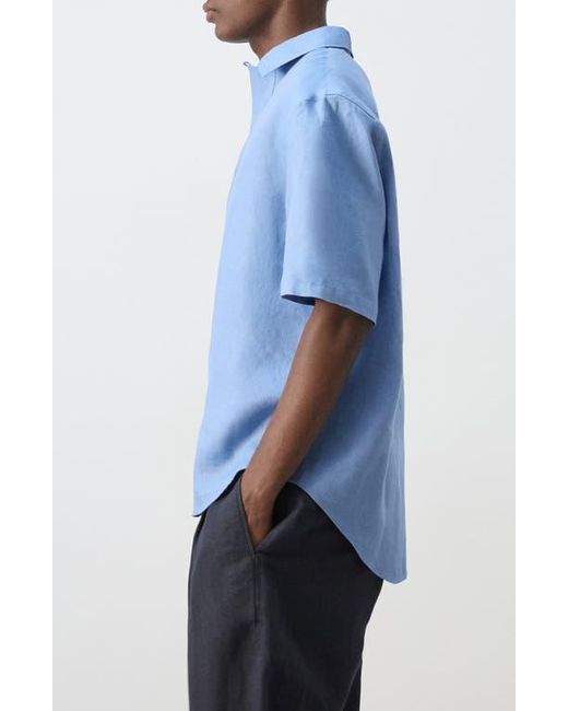 Mango Blue Solid Slub Linen Polo for men