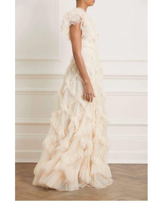 Needle & Thread Natural Genevieve Ruffle Short Sleeve Maxi Gown