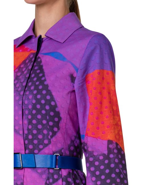 Akris Purple Print Belted Wool & Silk Midi Shirtdress
