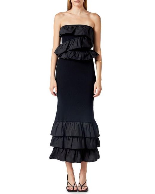 Endless Rose Black Ruffle Detail Mixed Media Strapless Dress
