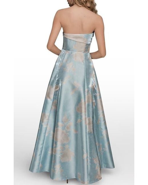 Donna Karan Blue Floral Print Strapless Satin Gown