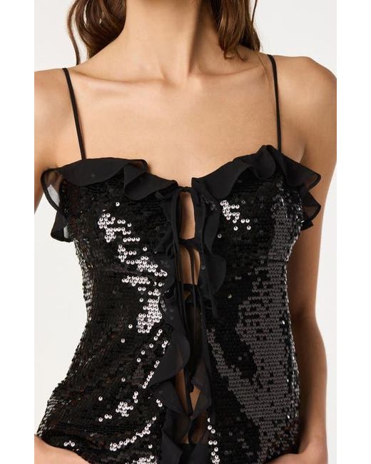 Astr Black Sequin Ruffle Trim Tie Front Top