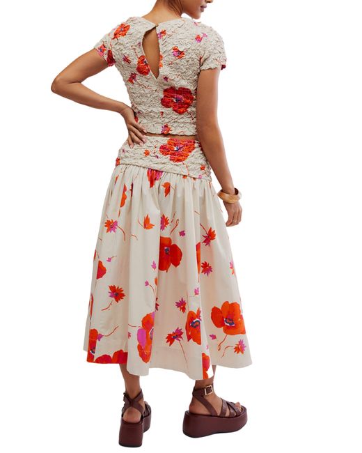 Free People Red Carino Floral Two-piece Stretch Cotton Crop Top & Midi Skirt