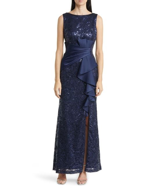 Eliza J Blue Sequin Ruffle Sleeveless Lace Trumpet Gown