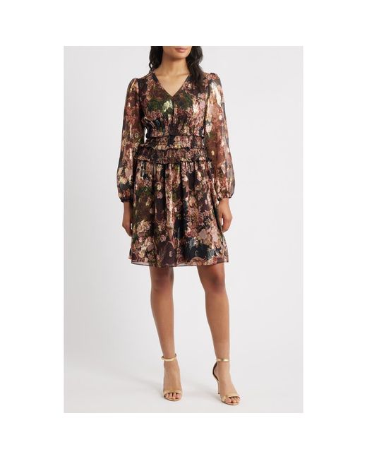 Eliza J Brown Metallic Floral Long Sleeve Dress