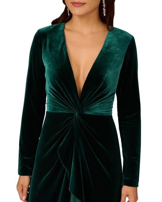 Aidan Mattox by Adrianna Papell Black Twisted Ruffle Long Sleeve Stretch Velvet Gown