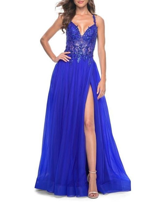 La Femme Blue Tulle A-Line Gown With Sheer And Beaded Lace Detail