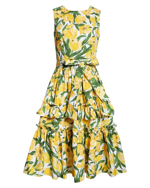 Carolina Herrera Yellow Tulip Print Sleeveless Stretch Cotton Tiered Dress