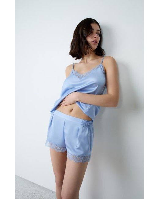 Etam Blue Desire Lace Trim Satin Tap Shorts