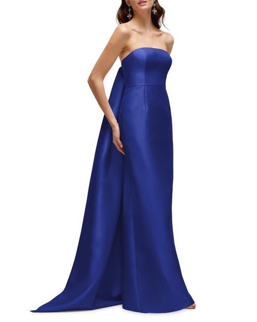 Alfred Sung Blue Strapless Satin Twill Column Gown With Removable Train