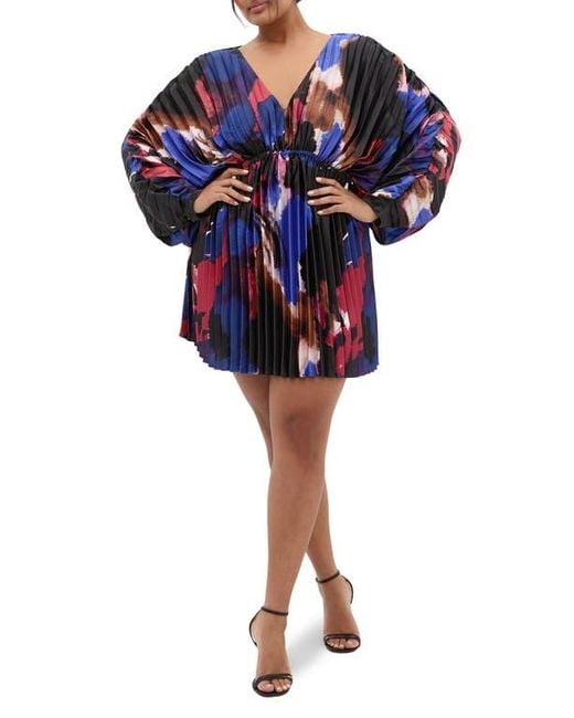 City Chic Blue Chloe Print Pleated Long Sleeve Satin Minidress