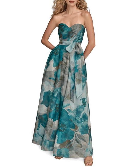 Donna Karan Green Floral Strapless Fit & Flare Gown