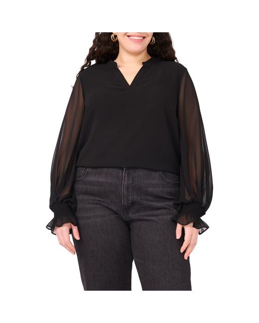Vince Camuto Black Split Neck Sheer Long Sleeve Chiffon Top
