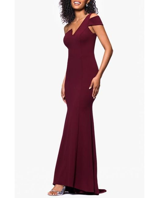 Betsy & Adam Red One-Shoulder Scuba Crepe Gown