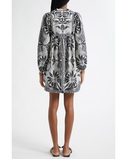 Farm Rio Black Monochrome Elegance Scarf Print Long Sleeve Linen Blend Minidress