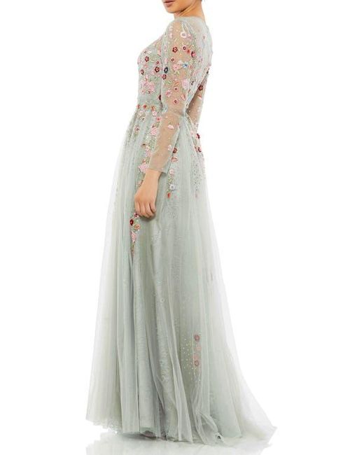 Mac Duggal White Embroidered Illusion High Neck Long Sleeve A Line Gown