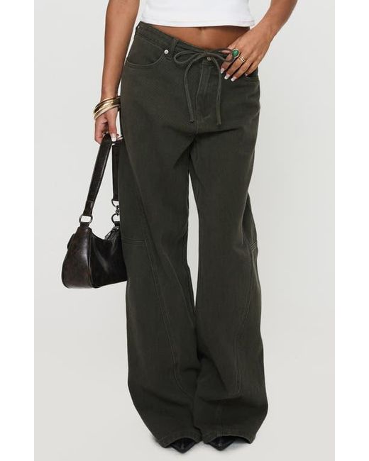Princess Polly Black Bruiser Tie Waist Mid Rise Wide Leg Jeans
