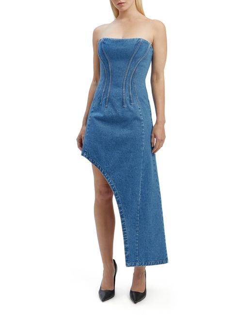 Bardot Blue Amory Strapless Asymmetric Hem Corset Denim Dress