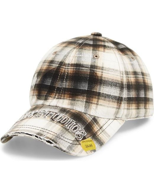 Acne Metallic Distressed Plaid Adjustable Baseball Cap