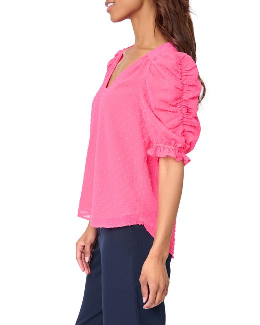 Gibsonlook Red Clip Dot Ruched Sleeve Chiffon Top