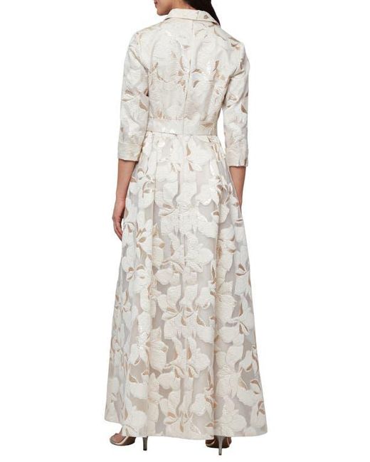 Alex Evenings Natural Metallic Jacquard Tie Waist Gown