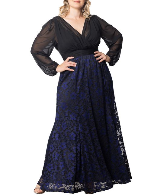 Kiyonna Blue Mon Tresor Long Sleeve Lace & Chiffon Gown