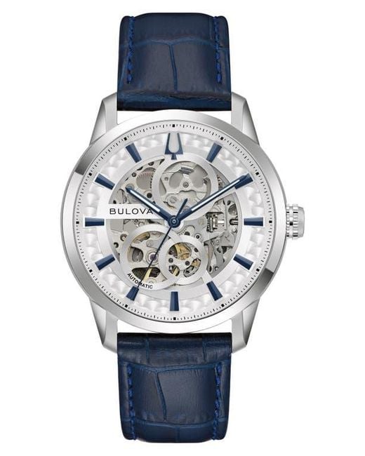 Bulova Blue Sutton Skeleton Automatic Leather Strap Watch, 40Mm for men