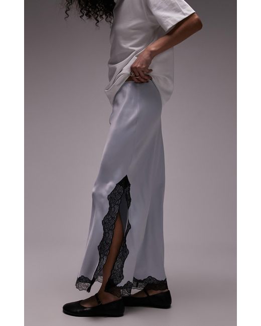 TOPSHOP Gray Lace Trim Satin Maxi Skirt