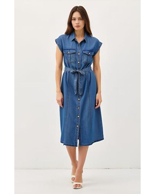 Modenaire Women's Blue Sleeveless Denim Midi Shirt Dress With
