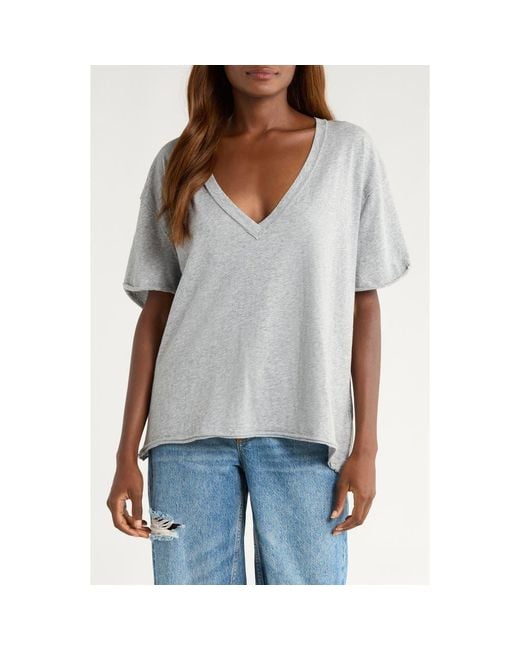 Free People Gray Nina V-Neck Cotton T-Shirt