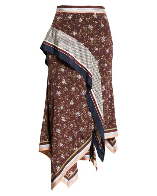 Veronica Beard Brown Kandi Scarf Print Handkerchief Hem Stretch Silk Skirt In Multi At Nordstrom Rack