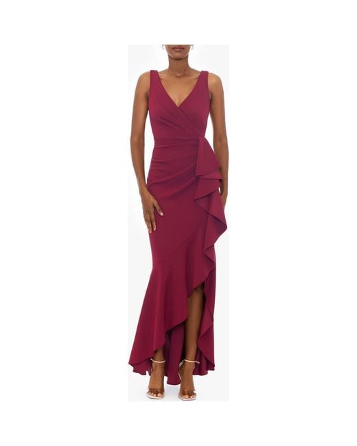 Betsy Adam V Neck Cascade Ruffle High Low Gown in Red Lyst