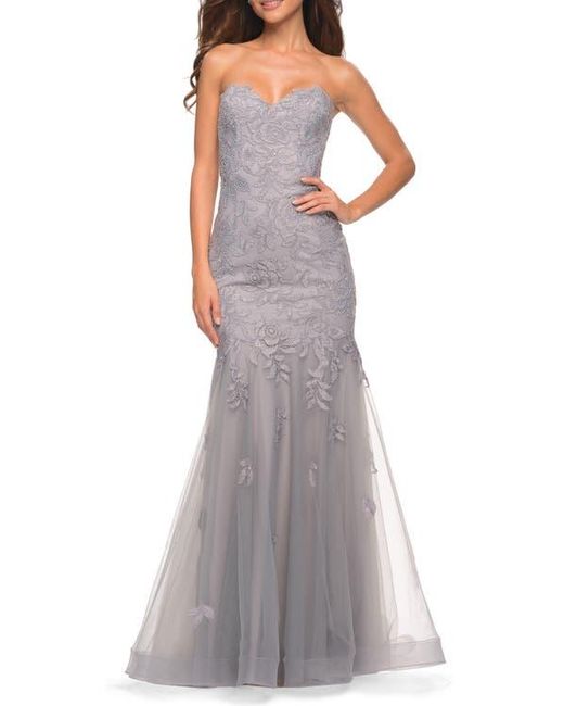 La Femme Women's Purple Mermaid Strapless Elegant Lace And Tulle Gown