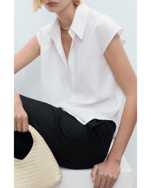 Mango White Cap Sleeve Button-Up Shirt