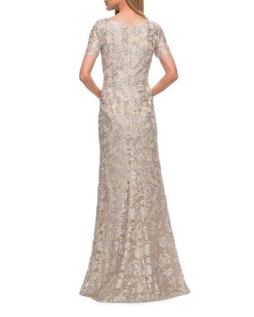 La Femme Brown Beautiful Lace Mother Of The Bride Dress With Short Sleeves