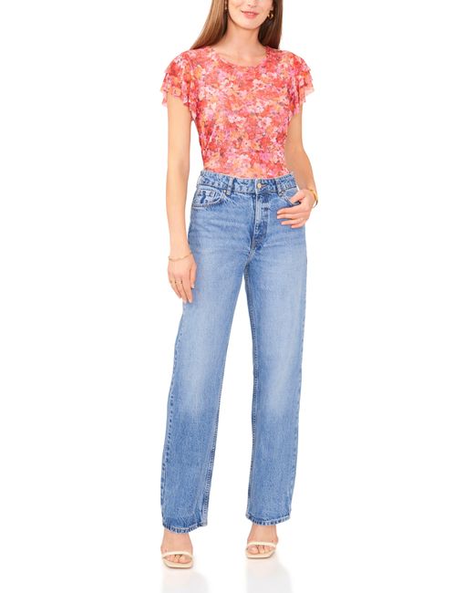 Vince Camuto Red Floral Print Ruffle Sleeve Top