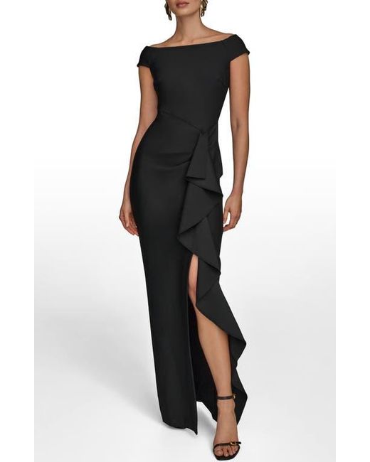 Donna Karan Black Side Ruffle Off The Shoulder Gown