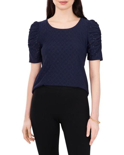 Chaus Blue Eyelet Ruched Sleeve Top
