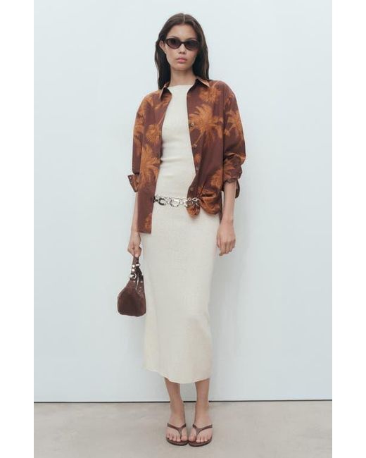 Mango Brown Palm Print Cotton Button-Up Shirt