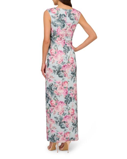 Adrianna Papell Red Floral Jacquard Metallic Sleeveless Gown