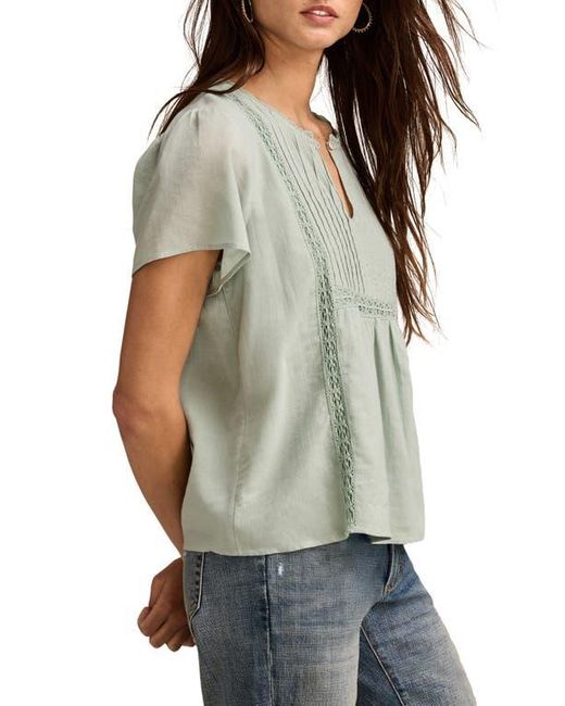Lucky Brand Gray Pintuck Lace Trim Cotton Peasant Top