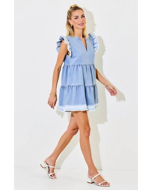 Modenaire Blue Tiered Denim Ruffle-Sleeve Frayed-Hem Mini Dress