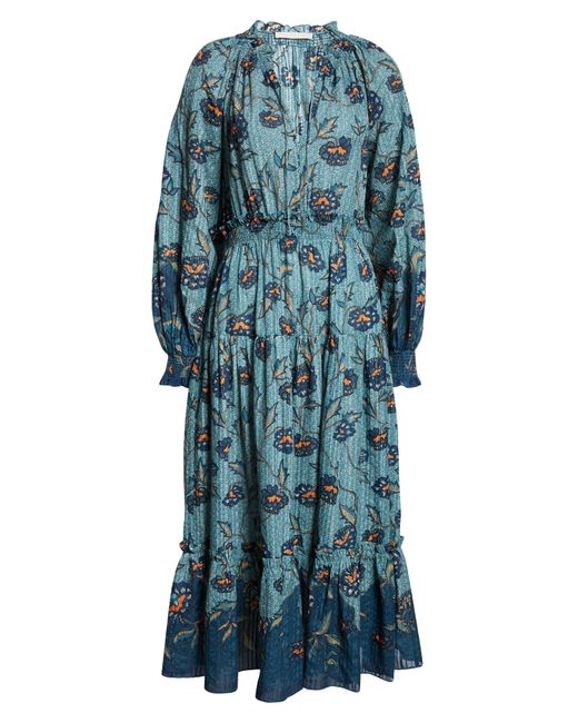 Ulla Johnson Natural Katernia Floral Long Sleeve Cotton Blend Maxi Dress