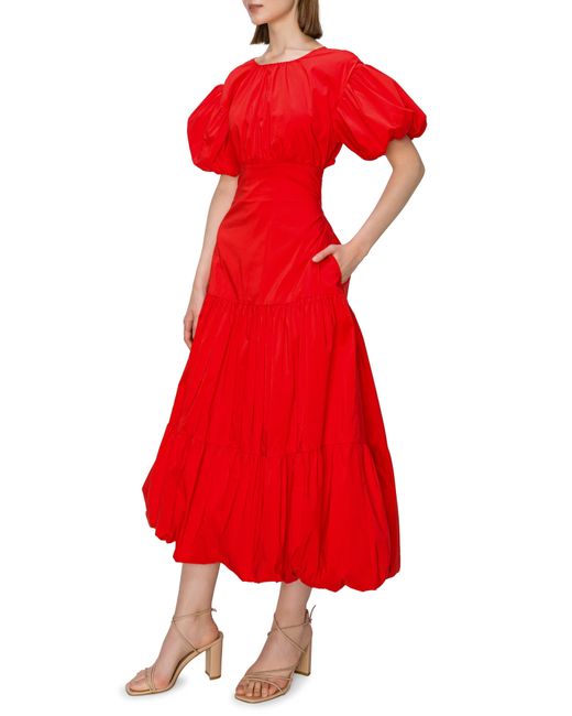 MELLODAY Red Puff Sleeve Lace-up Back Bubble Hem Tie Midi Dress At Nordstrom