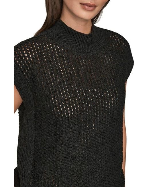 Donna Karan Black Open Stitch Cap Sleeve Sweater