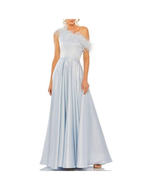 Mac Duggal Blue One Shoulder A Line Gown With Feather Detail